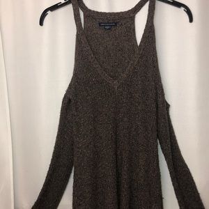 v neck , cold shoulder , sweater